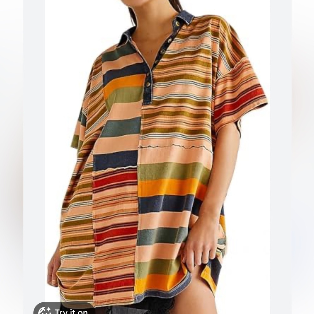 Free People Striped Denim-Trim Sweater in Tan, Cream, Navy & Rust